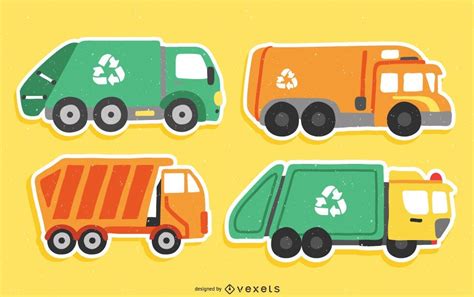 Garbage Trucks Flat Sticker Set Vector Download