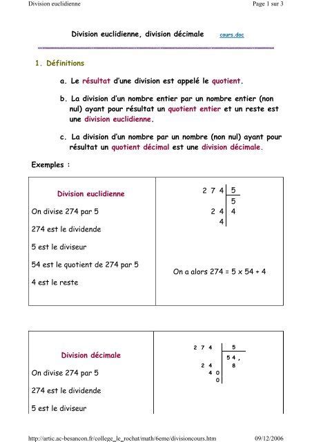 Division euclidienne, division décimale cours.doc 1. Définitions a ...