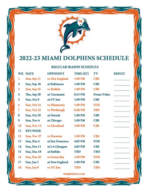 Printable 2022-2023 Miami Dolphins Schedule