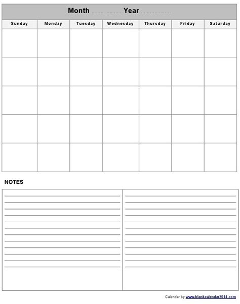 Calendar Template With Room For Notes - Printable Blank Calendar