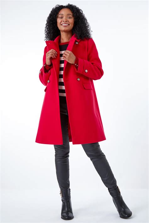 Petite Double Breasted Military Coat in Red | Roman UK