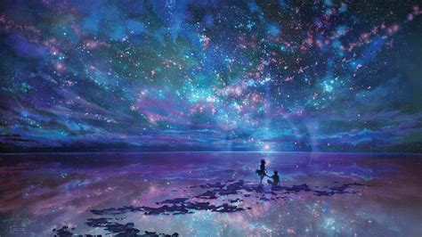 Wallpaper : landscape, anime, galaxy, stars, clouds, nebula, couple, atmosphere, universe ...