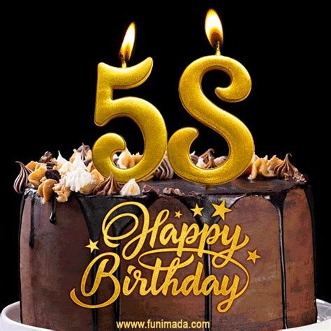 58 Birthday Chocolate Cake with Gold Glitter Number 58 Candles (GIF) | Funimada.com