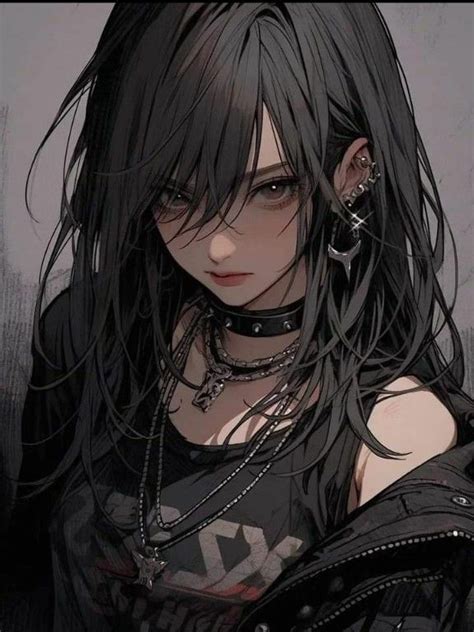 an anime girl with black hair and piercings