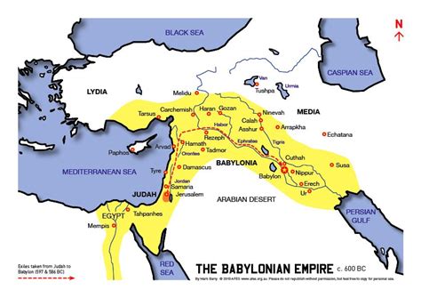 Map of the Babylonian empire circa 600 BC and the likely route the ...