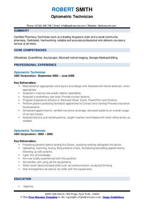 Optometric Technician Resume Samples | QwikResume