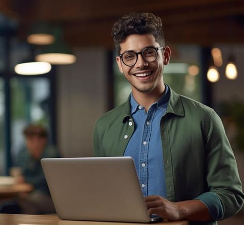 Premium Photo | A man is smiling while using a laptop.