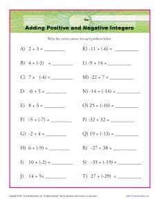 Adding Positive and Negative Integers | Interger Worksheets