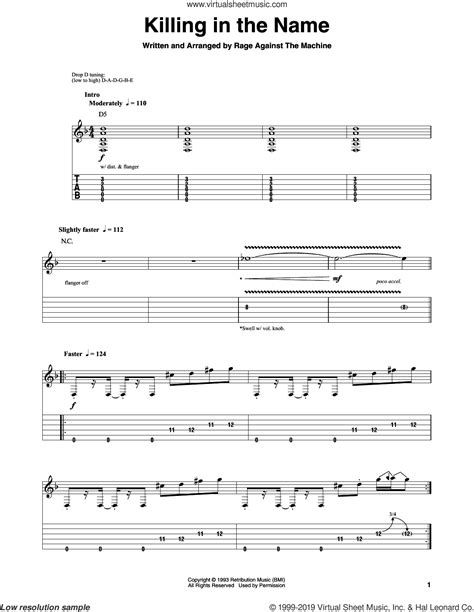 Killing In The Name sheet music for guitar (tablature, play-along)