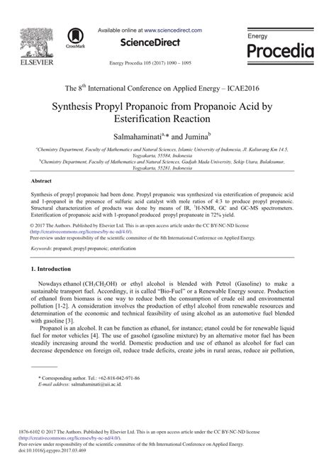 (PDF) Synthesis Propyl Propanoic from Propanoic Acid by Esterification ...