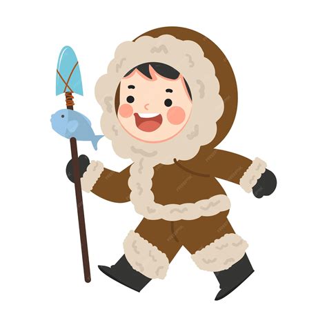 Premium Vector | Eskimo boy with fish catch cartoon