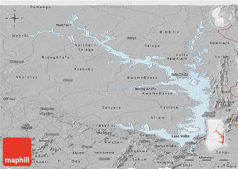 Gray Panoramic Map of Lake Volta