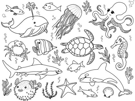 Aquatic Animals Pattern - Black and White Kids Drawing