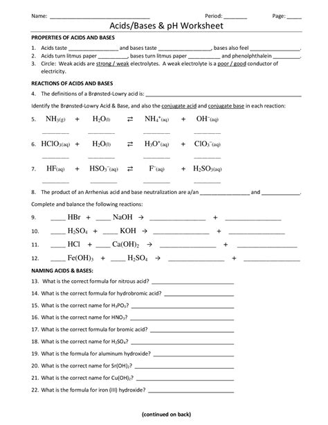 Acid Base Reactions Worksheet