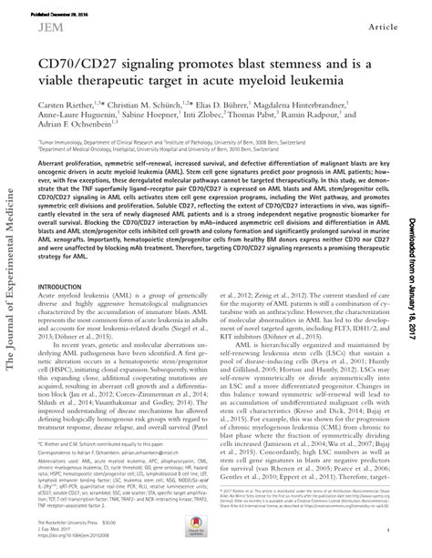 (PDF) CD70/CD27 signaling promotes blast stemness and is a viable therapeutic target in acute ...