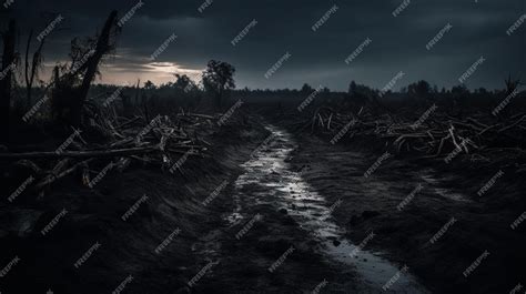 Premium AI Image | A dark landscape with a dark sky and trees in the ...