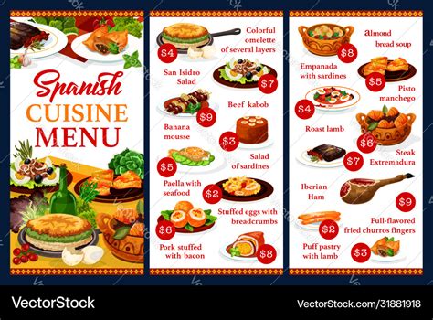 Spanish cuisine restaurant menu dishes Royalty Free Vector