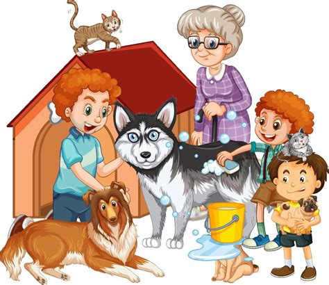 Happy family with their pets in cartoon style 7141870 Vector Art at Vecteezy