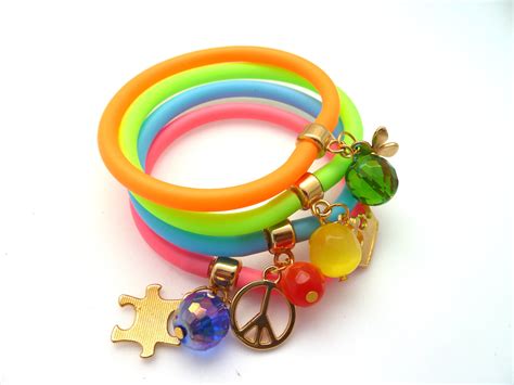 Rubber Bracelets/Set Of 4 Neon Rubber Bracelets With Gold Plated Charms And Faceted Beads,orange ...