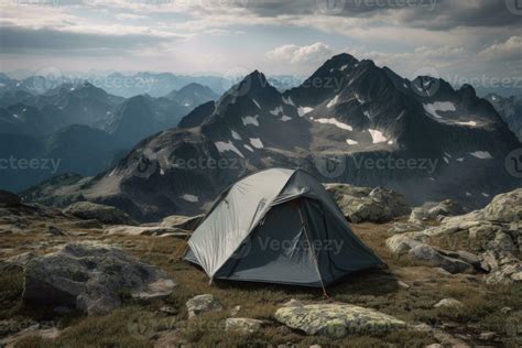 Camping tent with amazing view on mountain landscape at sunset ...