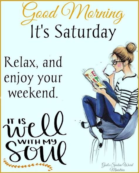 a woman sitting in a chair reading a book with the words, good morning it's saturday relax and ...