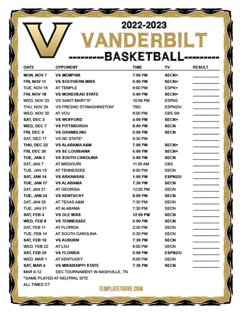 Printable 2022-2023 Vanderbilt Commodores Basketball Schedule