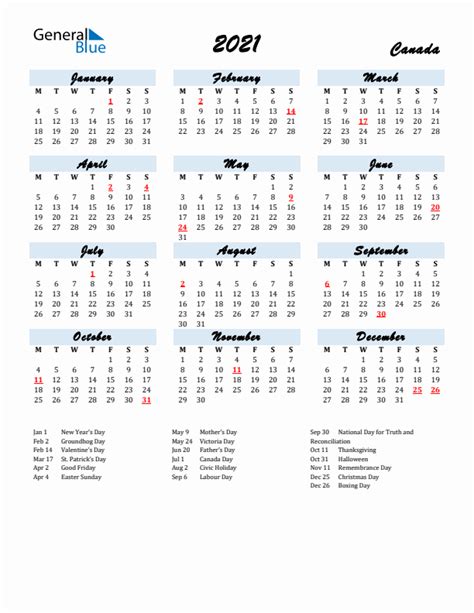 2021 Canada Calendar with Holidays