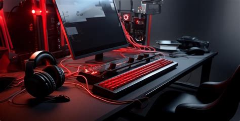 Premium Photo | Gaming keyboard and headset red and black on desk