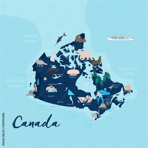 Canada cartoon travel map vector illustration with landmarks, cities ...