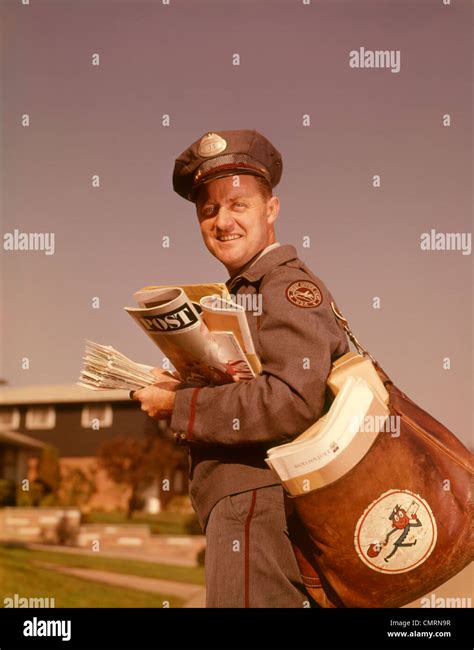 1960 1960s SMILING MAILMAN HOLDING MAIL MAILBAG LETTERS UNIFORM DELIVERY MAN MAILMEN POSTAL ...