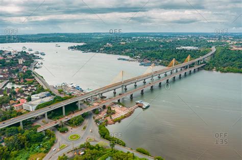 October 4, 2020: Aerial view of Atal Setu bridge over the Mandovi river, Panjim, Goa, India ...