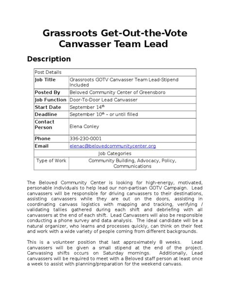 Lead Canvasser Job Description | Volunteering | Get Out The Vote