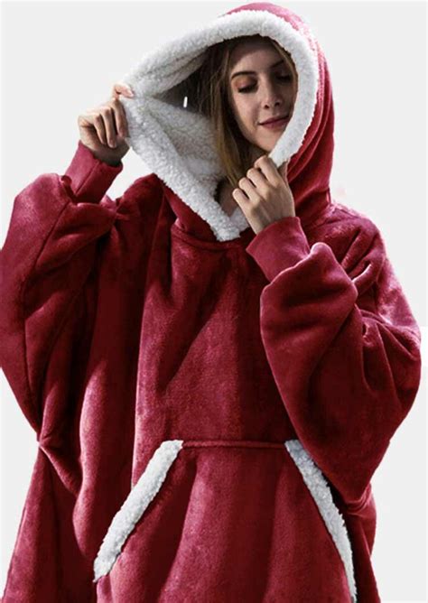 Winter Thickened Warm Kangaroo Pocket Blanket Hoodie - Burgundy ...