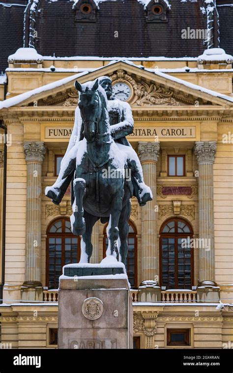 BUCHAREST, ROMANIA - Jan 19, 2021: A Snowy statue of King Carol I in ...