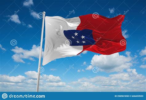 Flag Of Franceville, Australia Oceania At Cloudy Sky Background, Panoramic View. Flag ...