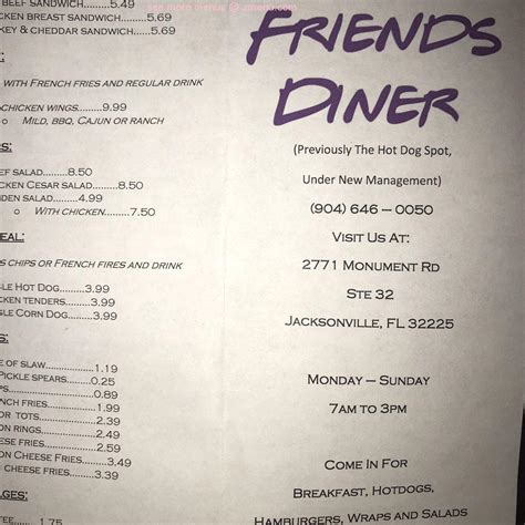 Menu at Friends Diner restaurant, Jacksonville