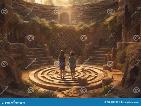 A Boy and a Girl at the Entrance To a Large Labyrinth, Adventure Seeking Scene, Generated Ai ...