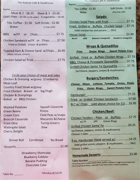 Menu at The Avenue Home Cooking Café steakhouse, Cedartown