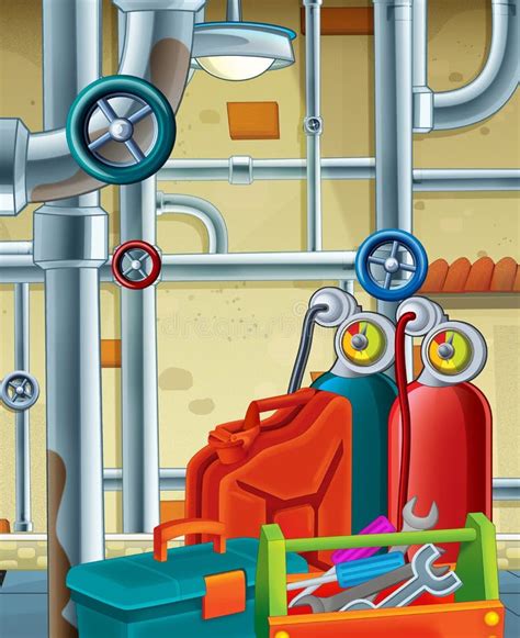 Cartoon Scene of the Basement with Tools Stock Illustration - Illustration of light, pipes ...