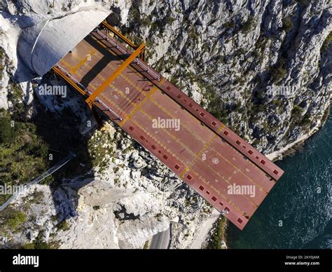 A ariel view show construction site of Cetina Bridge in Omis, Croatia on April 13, 2022. Bridge ...