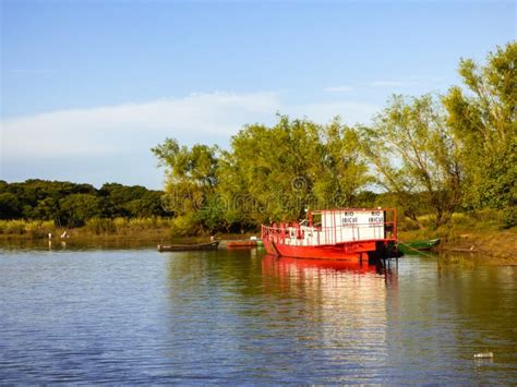 Red and White Boat in the Uruguay River, Natural Border between Brazil ...