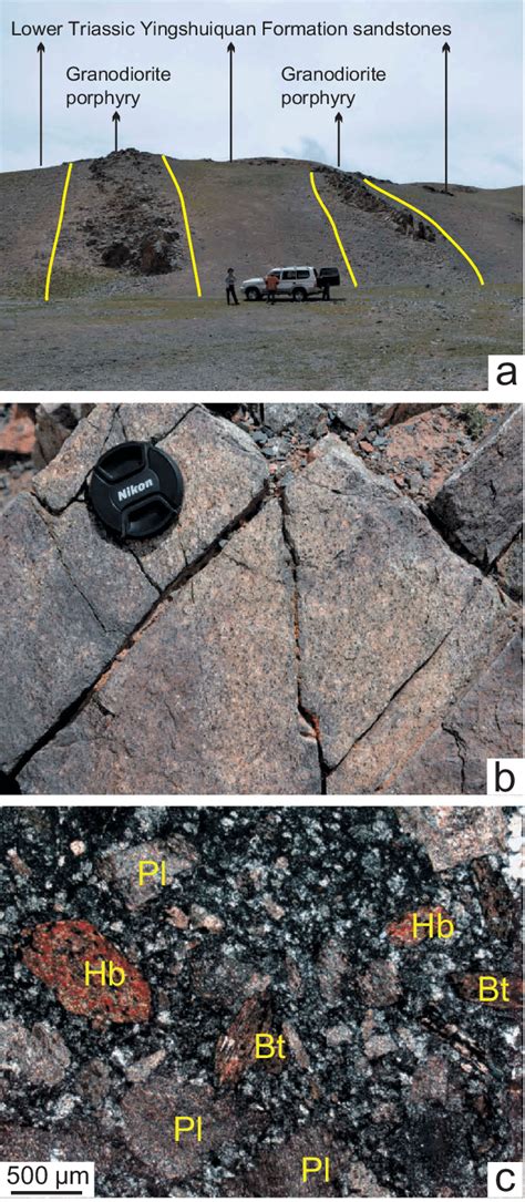 (a) Field photograph showing the intrusion of the granodiorite porphyry... | Download Scientific ...