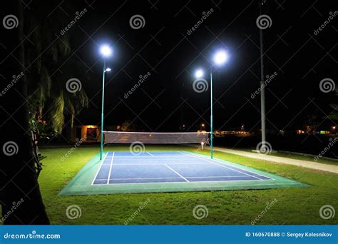 An Empty Tennis Court at Night, Lit by Bright Lights Stock Photo - Image of exercise, athletic ...