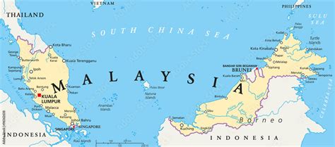 Malaysia political map with capital Kuala Lumpur, national borders ...