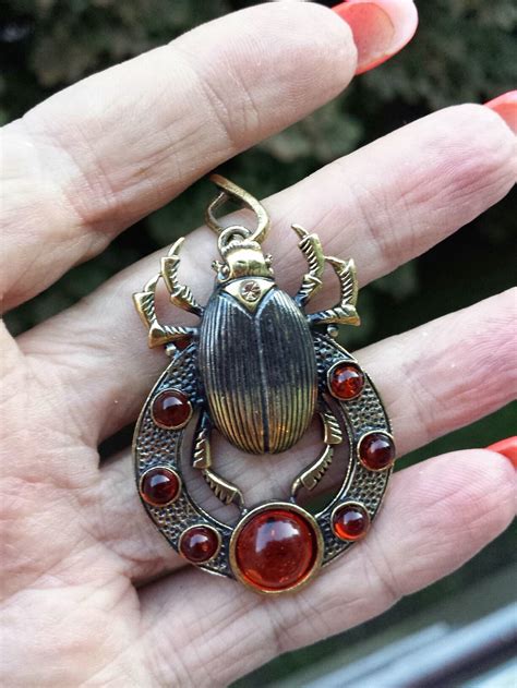 Scarab Beetle Necklace Brass Amber Pendant Spiritual Egyptian | Etsy