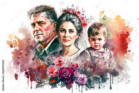 Russian family watercolor portrait. Russia Day celebration concept. Generative AI Illustration ...