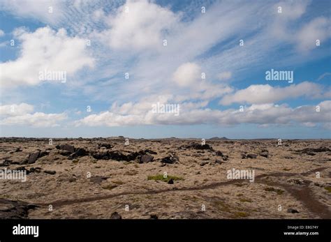 Iceland: landscape with lava fields in Reykjanes Peninsula, large ancient lava fields of black ...