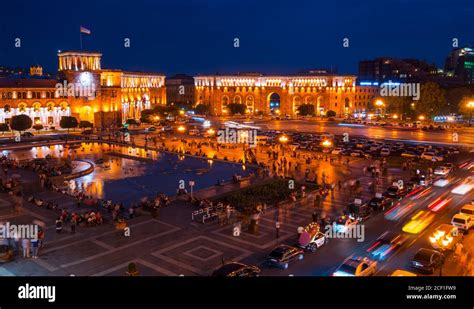 Republic Square at night, Yerevan City, Armenia, Middle East Stock ...