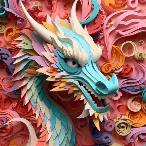 Premium AI Image | Brightly colored paper cut dragon head on a wall of colorful paper generative ai