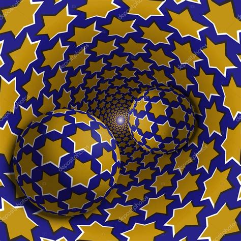 Optical illusion illustration. Two balls are moving in mottled hole. Yellow stars on blue ...